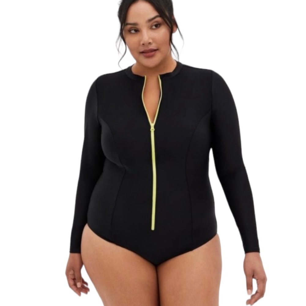 Torrid Black Long Sleeve One-Piece Swimsuit with Yellow Zipper